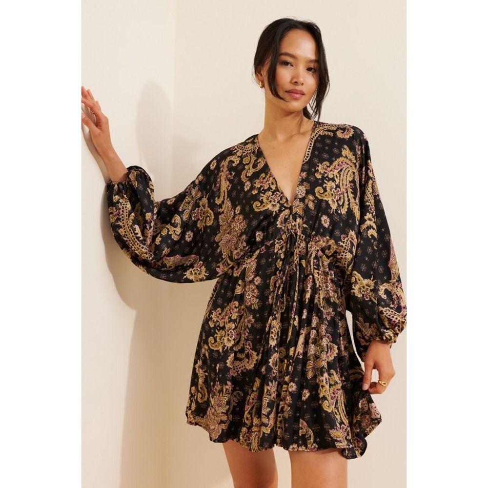 Free People Arzel Mini Dress Black Gold Metallic Paisley Balloon Sleeve Boho M